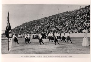 Danske kvinner gir en demonstrasjon av gruppegymnastikkøkt ved OL i Athen, fra Les Sports Modernes, 1906